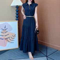 Set Váy Áo Sơ Mi Rút Dây Mix Chân Váy Dáng Dài Xòe Chất Linen Gân Đi Làm Đi Dạo MIMIX - EW2