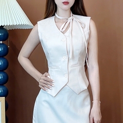 Set Váy Nữ Áo Gile Mix Chân Váy Dáng Suông Dài Phối Xẻ Tà Chất Tweet Chéo Mỏng Công Sở MIMIX - EW5