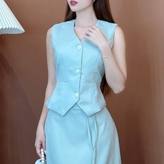 Set Váy Nữ Áo Gile Mix Chân Váy Dáng Suông Dài Phối Xẻ Tà Chất Tweet Chéo Mỏng Công Sở MIMIX - EW5
