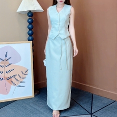 Set Váy Nữ Áo Gile Mix Chân Váy Dáng Suông Dài Phối Xẻ Tà Chất Tweet Chéo Mỏng Công Sở MIMIX - EW5