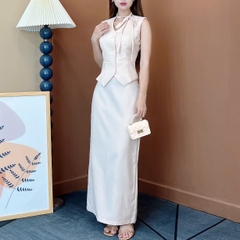 Set Váy Nữ Áo Gile Mix Chân Váy Dáng Suông Dài Phối Xẻ Tà Chất Tweet Chéo Mỏng Công Sở MIMIX - EW5