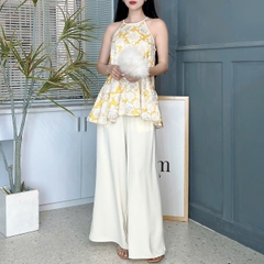 Set Bộ Nữ Áo Yếm Hoa Hồng Mix Quần Dáng Dài Trơn Đi Dạo Phố MIMIX - EX1