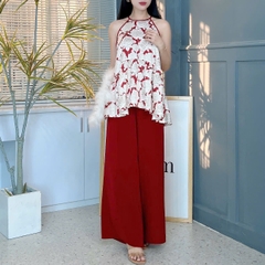 Set Bộ Nữ Áo Yếm Hoa Hồng Mix Quần Dáng Dài Trơn Đi Dạo Phố MIMIX - EX1