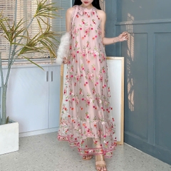 Váy Maxi Thêu Hoa Cổ Yếm Dáng Dài Xòe Chất Lưới Thêu Hoa Đi Biển MIMIX - EY1