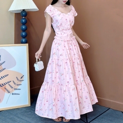 Set Váy Nữ Áo Lưng Bo Thun Mix Chân Váy Hoa Dáng Dài Chất Linen Ướt Đi Biển MIMIX - EW8