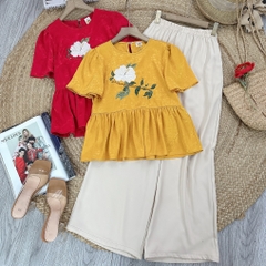 Set Bộ Nữ Áo Lụa Thêu Hoa Mix Quần Trơn Dáng Dài Đi Dạo Phố MIMIX - EY7