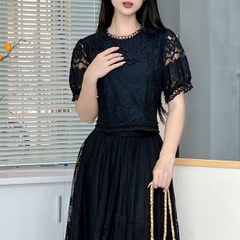 Set Váy Nữ Áo Viền Ren Mix Chân Váy Dáng Dài Xòe Chất Ren Đi Làm Đi Tiệc MIMIX - EZ0