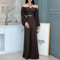 Set Bộ Áo Croptop Tay Dài Phối Dây Mix Quần Ống Rộng Dáng Dài Chất Thun Dệt Sóng Đi Tiệc MIMIX - EZ9