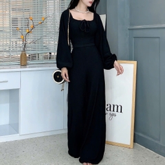 Set Bộ Áo Croptop Tay Dài Phối Dây Mix Quần Ống Rộng Dáng Dài Chất Thun Dệt Sóng Đi Tiệc MIMIX - EZ9
