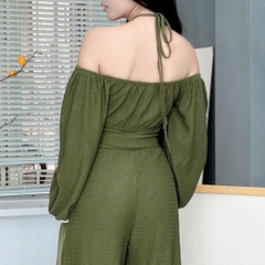Set Bộ Áo Croptop Tay Dài Phối Dây Mix Quần Ống Rộng Dáng Dài Chất Thun Dệt Sóng Đi Tiệc MIMIX - EZ9
