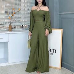 Set Bộ Áo Croptop Tay Dài Phối Dây Mix Quần Ống Rộng Dáng Dài Chất Thun Dệt Sóng Đi Tiệc MIMIX - EZ9