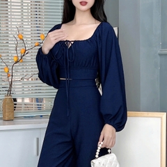Set Bộ Áo Croptop Tay Dài Phối Dây Mix Quần Ống Rộng Dáng Dài Chất Thun Dệt Sóng Đi Tiệc MIMIX - EZ9
