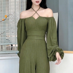 Set Bộ Áo Croptop Tay Dài Phối Dây Mix Quần Ống Rộng Dáng Dài Chất Thun Dệt Sóng Đi Tiệc MIMIX - EZ9