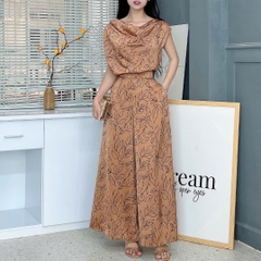 Set Bộ Nữ Áo Cổ Đổ Mix Quần Ống Rộng Họa Tiết Đi Làm Đi Chơi Chất Lụa Ngọc In Hoa MIMIX - EZ5