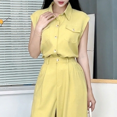 Set Bộ Nữ Áo Sát Nách Phối Túi Mix Quần Suông Dáng Dài Chất Chéo Cotton Mềm Đi Làm MIMIX - EY9