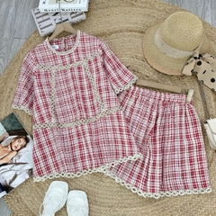 Set Short Caro Áo Viền Ren Tay Ngắn Mix Quần Ngắn Chất Cotton Kẻ Ép Chỉ Đi Dạo Phố MIMIX - FA1