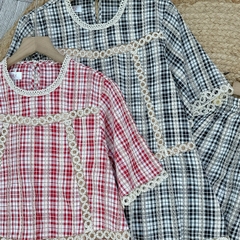Set Short Caro Áo Viền Ren Tay Ngắn Mix Quần Ngắn Chất Cotton Kẻ Ép Chỉ Đi Dạo Phố MIMIX - FA1
