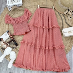 Set Váy Nữ Áo Smocking Mix Chân Váy Tầng Dáng Dài Xòe Chất Tơ Bông Tuyết Đi Biển MIMIX - EZ4