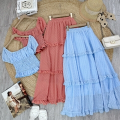 Set Váy Nữ Áo Smocking Mix Chân Váy Tầng Dáng Dài Xòe Chất Tơ Bông Tuyết Đi Biển MIMIX - EZ4