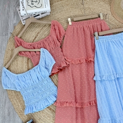 Set Váy Nữ Áo Smocking Mix Chân Váy Tầng Dáng Dài Xòe Chất Tơ Bông Tuyết Đi Biển MIMIX - EZ4