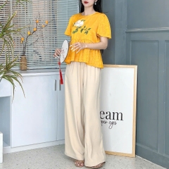 Set Bộ Nữ Áo Lụa Thêu Hoa Mix Quần Trơn Dáng Dài Đi Dạo Phố MIMIX - EY7