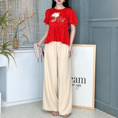 Set Bộ Nữ Áo Lụa Thêu Hoa Mix Quần Trơn Dáng Dài Đi Dạo Phố MIMIX - EY7