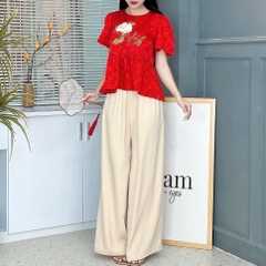 Set Bộ Nữ Áo Lụa Thêu Hoa Mix Quần Trơn Dáng Dài Đi Dạo Phố MIMIX - EY7