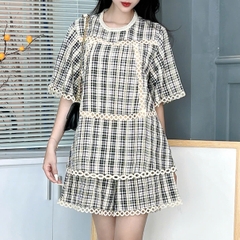 Set Short Caro Áo Viền Ren Tay Ngắn Mix Quần Ngắn Chất Cotton Kẻ Ép Chỉ Đi Dạo Phố MIMIX - FA1