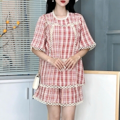 Set Short Caro Áo Viền Ren Tay Ngắn Mix Quần Ngắn Chất Cotton Kẻ Ép Chỉ Đi Dạo Phố MIMIX - FA1