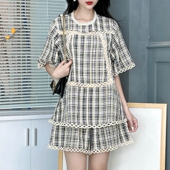 Set Short Caro Áo Viền Ren Tay Ngắn Mix Quần Ngắn Chất Cotton Kẻ Ép Chỉ Đi Dạo Phố MIMIX - FA1