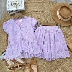 Set Short Áo Cổ V Viền Bèo Mix Quần Ngắn Chất Boi Thêu Đi Dạo Phố MIMIX - FA2