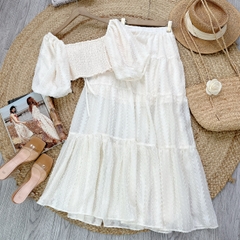 Set Váy Nữ Áo Smocking Tay Bồng Mix Chân Váy Dáng Dài Xòe Chất Tơ Sóng 3D Đi Biển MIMIX - FB3