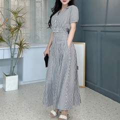 Set Váy Sọc Áo Sơ Mi Bo Eo Mix Chân Váy Dáng Dài Xòe Chất Cotton Đi Dạo Phố MIMIX - FB4