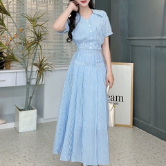 Set Váy Sọc Áo Sơ Mi Bo Eo Mix Chân Váy Dáng Dài Xòe Chất Cotton Đi Dạo Phố MIMIX - FB4