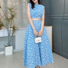 Set Váy Hoa Áo Sát Nách Eo Bo Chun Mix Chân Váy Dáng Dài Xòe Chất Cotton Cara Đi Biển MIMIX - FC5
