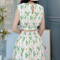 Set Váy Hoa Áo Sát Nách Eo Bo Chun Mix Chân Váy Dáng Dài Xòe Chất Cotton Cara Đi Biển MIMIX - FC5