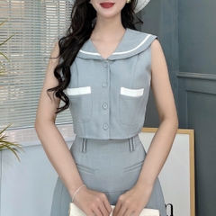 Set Váy Áo Sát Nách Cổ Sen Mix Chân Váy Xếp Ly Dáng Dài Xòe Chất Terin Công Sở MIMIX - FB6