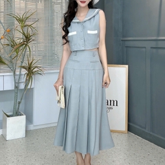 Set Váy Áo Sát Nách Cổ Sen Mix Chân Váy Xếp Ly Dáng Dài Xòe Chất Terin Công Sở MIMIX - FB6