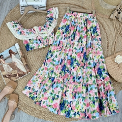 Set Váy Nữ Áo Cổ Bèo Viền Ren Mix Chân Váy Dáng Dài Chất Cotton Đi Biển - FB7