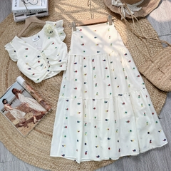Set Váy Thêu Hoa Áo Tay Tiên Nhún Trước Mix Chân Váy Dáng Dài Xòe Đi Dạo Phố MIMIX - FC8