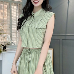 Set Bộ Váy Kẻ Sọc Áo Sơ Mi Cổ Nhọn Mix Chân Váy Dáng Dài Xòe Đi Dạo Phố MIMIX - FD2