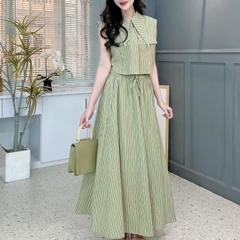 Set Bộ Váy Kẻ Sọc Áo Sơ Mi Cổ Nhọn Mix Chân Váy Dáng Dài Xòe Đi Dạo Phố MIMIX - FD2
