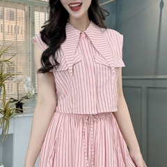 Set Bộ Váy Kẻ Sọc Áo Sơ Mi Cổ Nhọn Mix Chân Váy Dáng Dài Xòe Đi Dạo Phố MIMIX - FD2