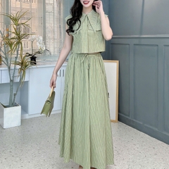 Set Bộ Váy Kẻ Sọc Áo Sơ Mi Cổ Nhọn Mix Chân Váy Dáng Dài Xòe Đi Dạo Phố MIMIX - FD2