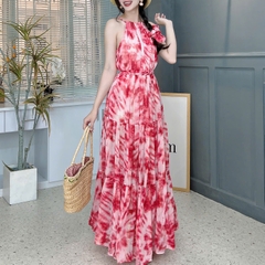 Váy Maxi Cổ Yếm Họa Tiết Dáng Dài Eo Bo Thun Chất Tơ IC Đi Du Lịch MIMIX - FD4