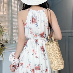 Váy Maxi Cổ Yếm Họa Tiết Dáng Dài Eo Bo Thun Chất Tơ IC Đi Du Lịch MIMIX - FD4