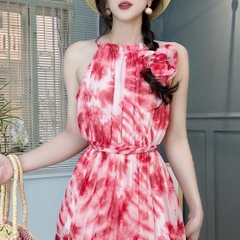 Váy Maxi Cổ Yếm Họa Tiết Dáng Dài Eo Bo Thun Chất Tơ IC Đi Du Lịch MIMIX - FD4