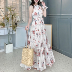Váy Maxi Cổ Yếm Họa Tiết Dáng Dài Eo Bo Thun Chất Tơ IC Đi Du Lịch MIMIX - FD4