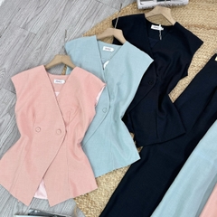 Set Bộ Nữ Áo Gile Phối 2 Nút Kèm Quần Dáng Dài Ống Suông Chất Chéo Lụa Công Sở MIMIX - EB6