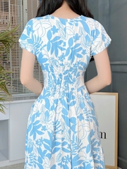 Đầm Maxi Hoa Tay Hến Dáng Dài Phối Chiết Eo Xéo Chất Linen Bambo Sược Đi Tiệc Đi Dạo MIMIX - FG0